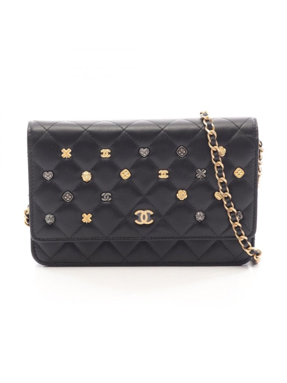 Chanel Shoulder Bag Quilted Icon Black Lambskin Charm Chain Wallet